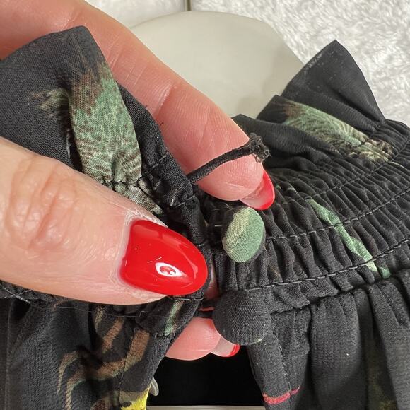 H&M Medium M Frill Ruffle Trimmed Chiffon Blouse Black Floral Smocked High Neck - Picture 15 of 16